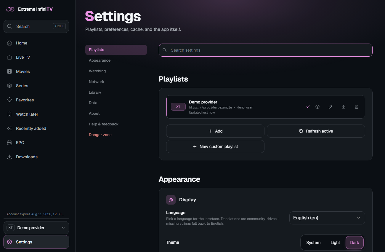 Settings page with playlists, display, network, and downloads