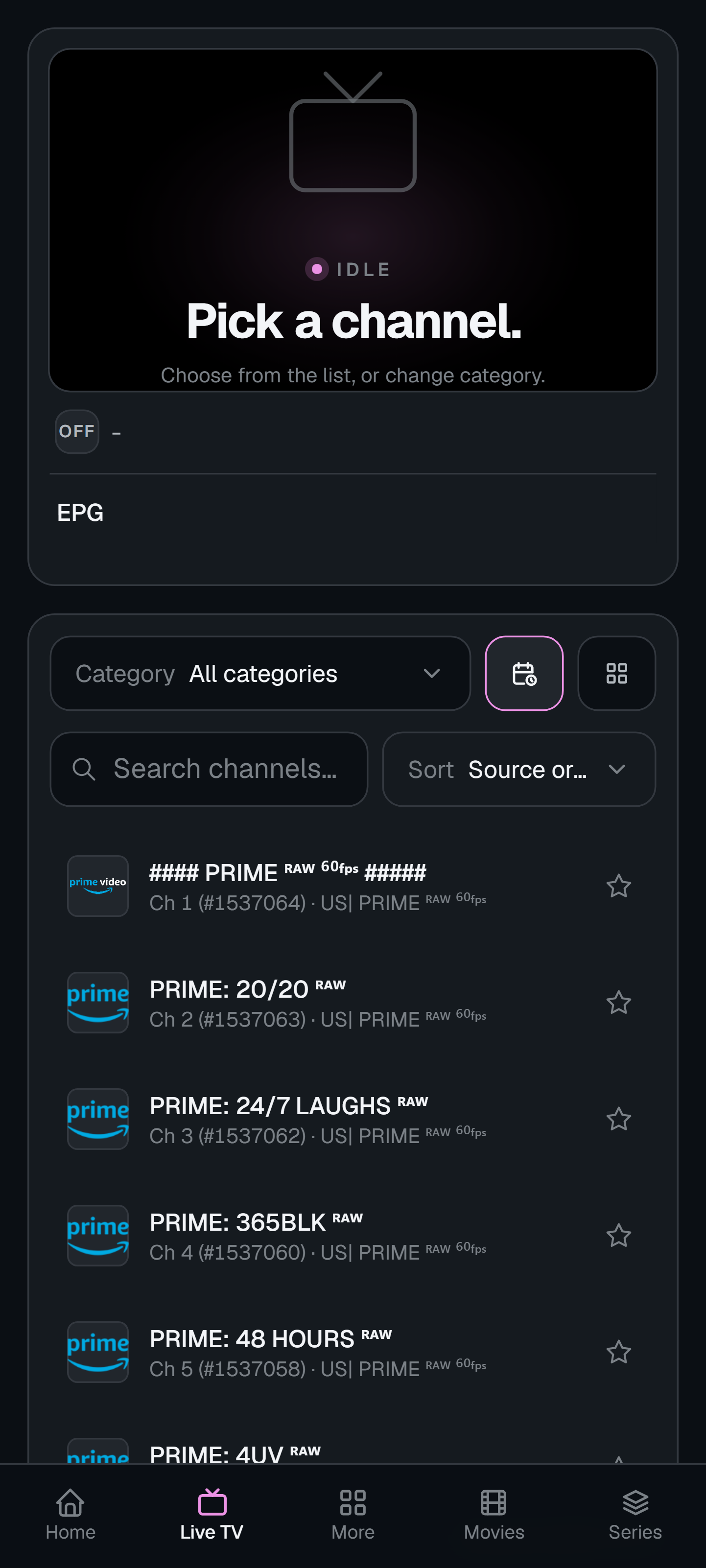 Live TV on a phone with bottom navigation