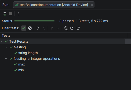 TestBalloon example test run – Android Device