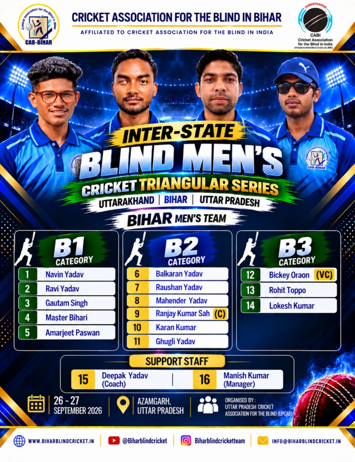 Bihar Men's Team Top 14 - Inter-State Blind Men's Cricket Triangular Series 2026