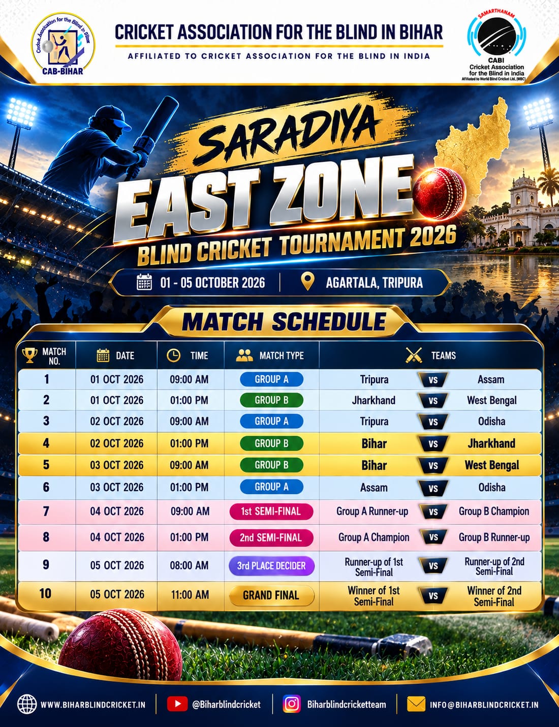 Saradiya East Zone Blind Cricket Tournament 2026 official match schedule Bihar