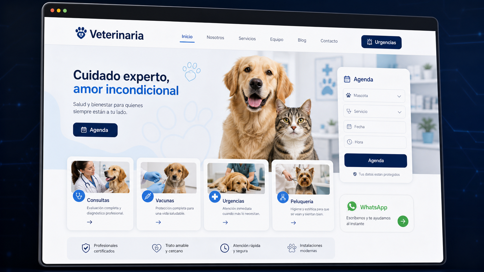 Mockup web generado por IA para veterinaria con agenda, urgencias y WhatsApp