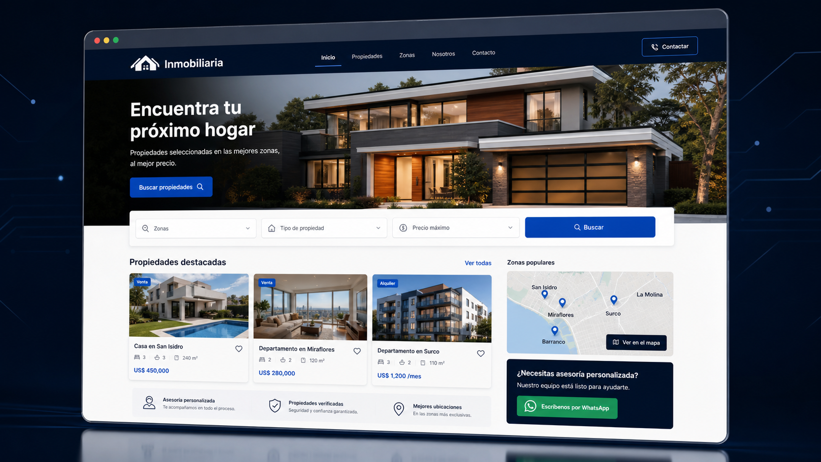 Mockup web generado por IA para inmobiliaria con propiedades, filtros y mapa