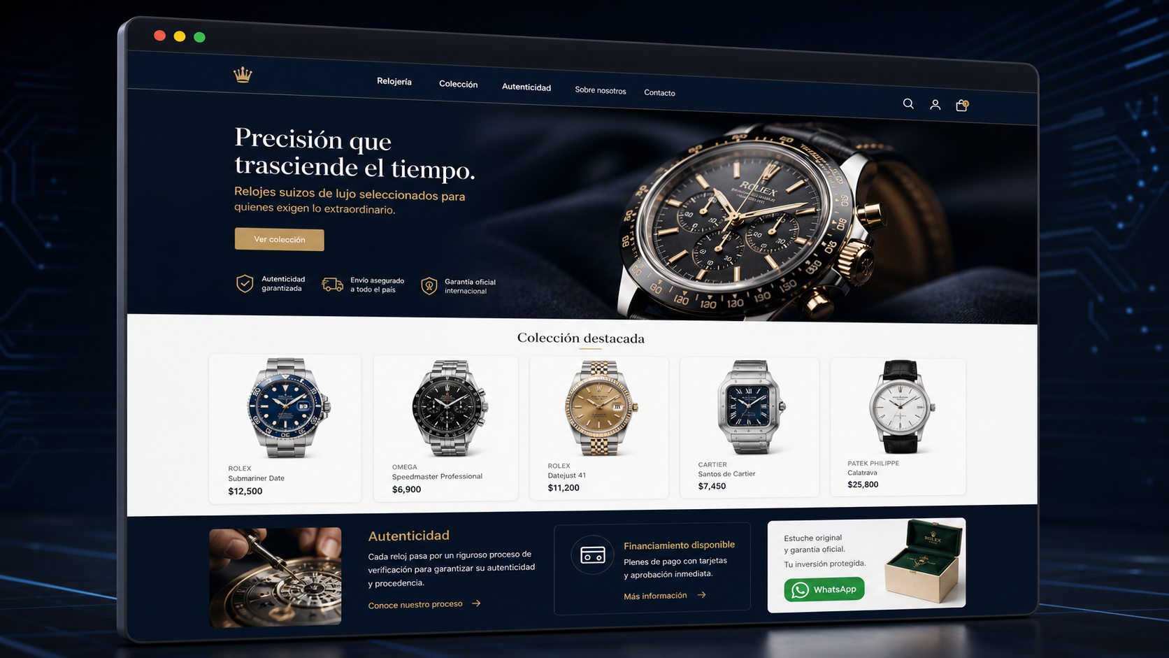Mockup web generado por IA para relojería con catálogo premium y piezas destacadas