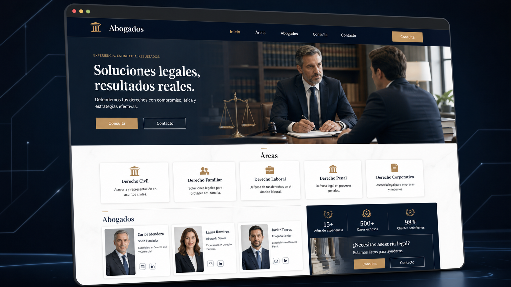 Mockup web generado por IA para firma de abogados con áreas de práctica y consulta