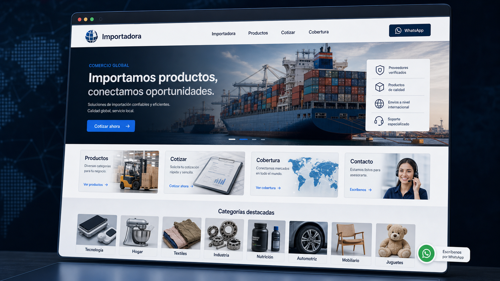 Mockup web generado por IA para importadora con productos, cobertura y cotizaciones