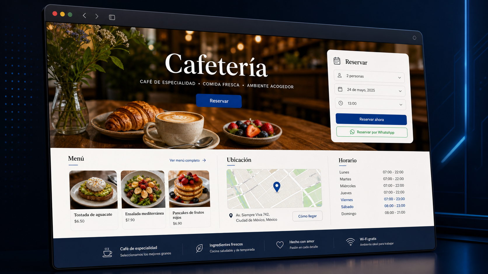 Mockup web generado por IA para restaurante o cafetería con menú, reservas y ubicación
