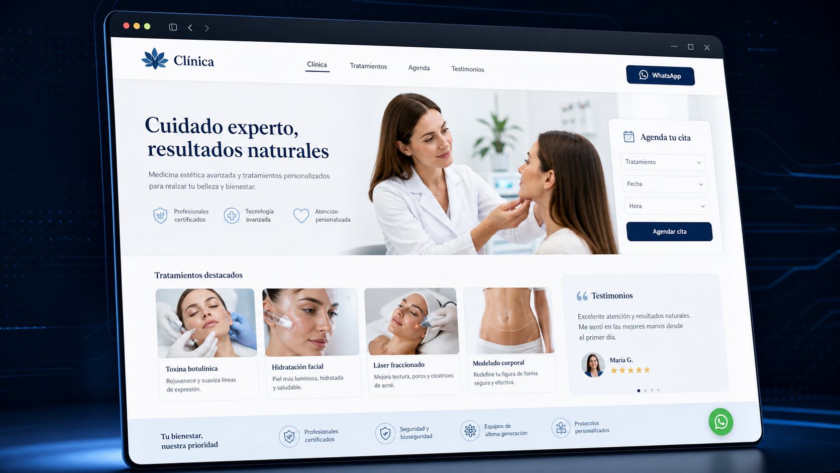 Mockup web generado por IA para clínica médica con tratamientos, agenda y testimonios