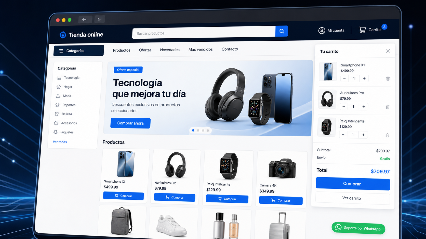 Mockup web generado por IA para tienda online con productos, categorías y carrito