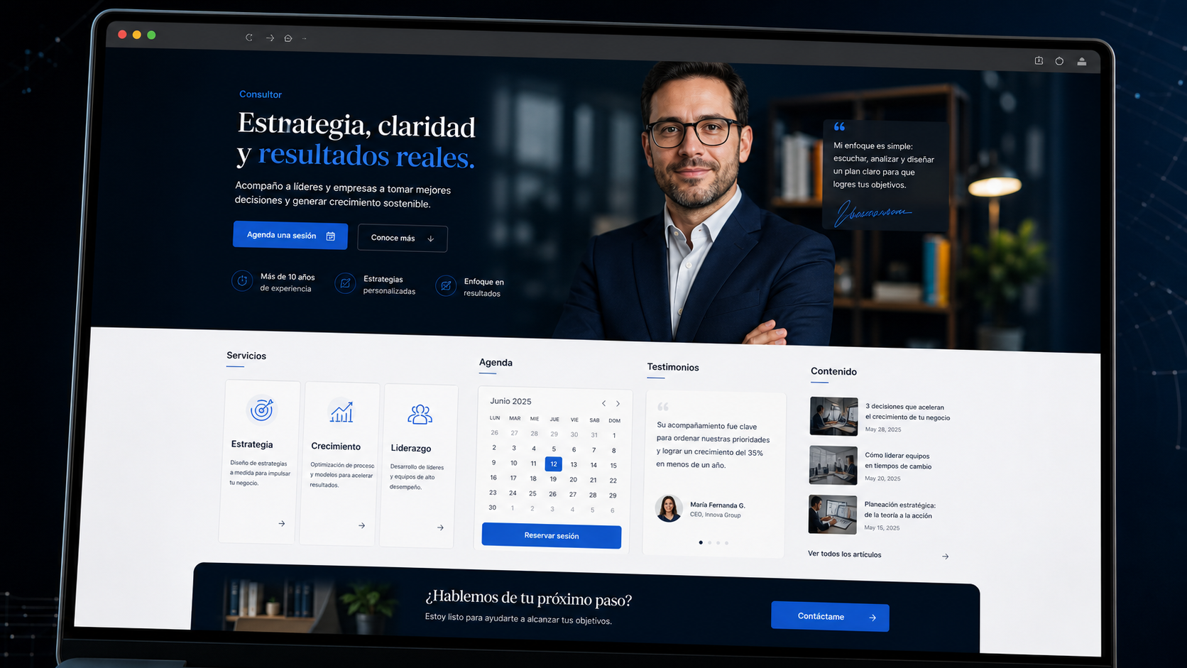 Mockup web generado por IA para marca personal o consultor con servicios y agenda