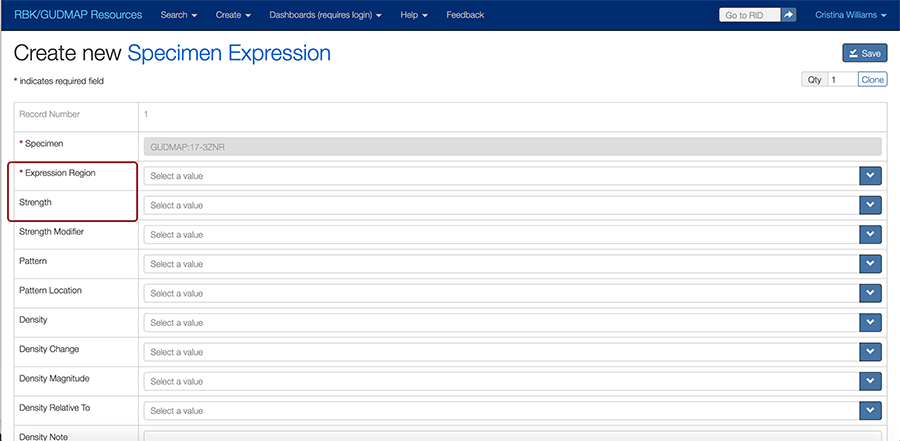 Screenshot of the fields for "Expression Region" and "Strength"