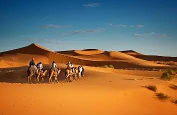 Carovana di cammelli sotto il cielo azzurro a Merzouga