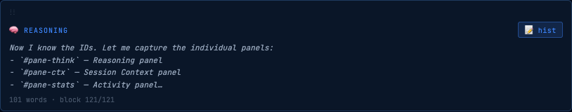Reasoning panel — live thinking stream