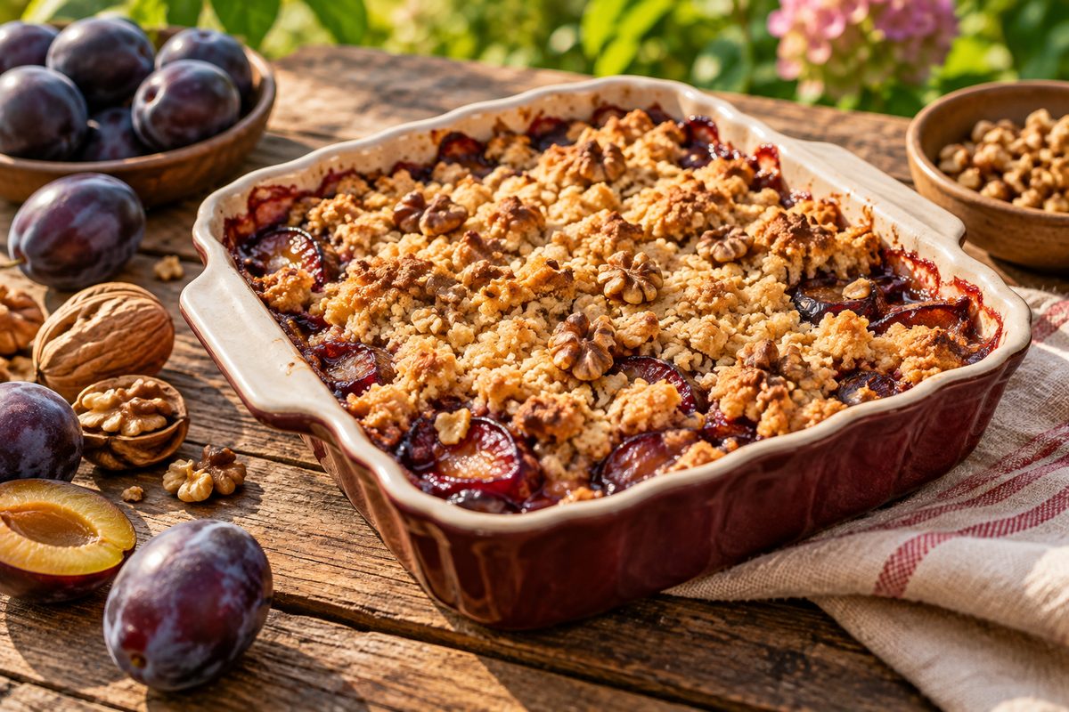 Slivkový crumble s orechmi