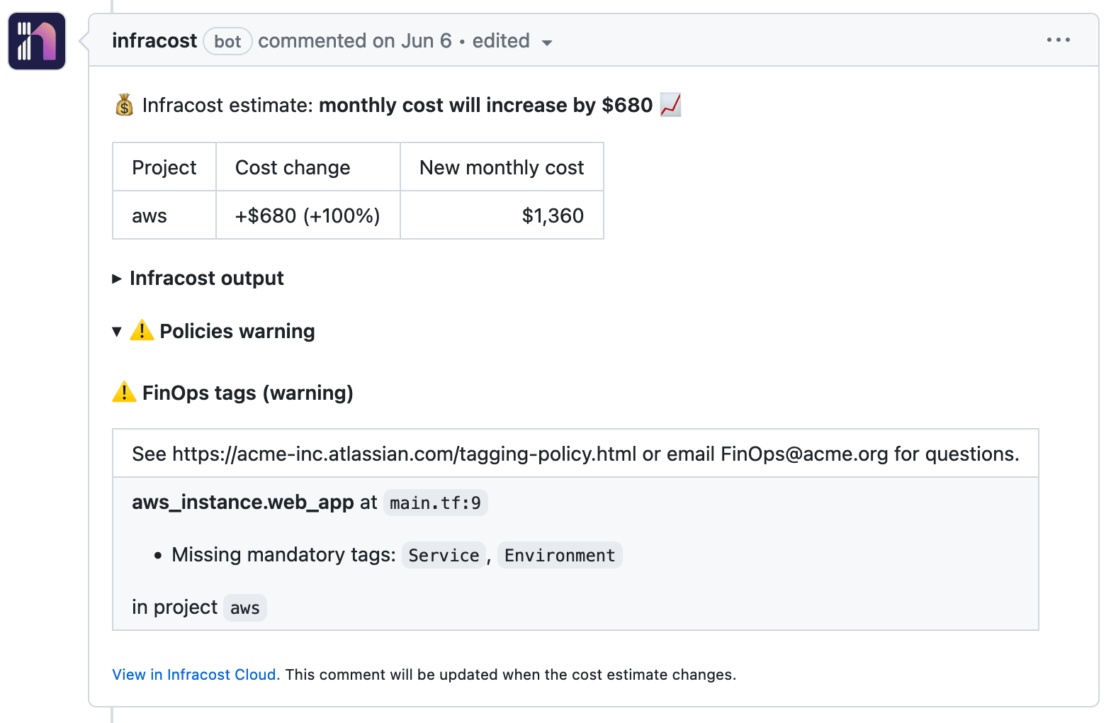 Communicate and enforce FinOps tags in pull requests