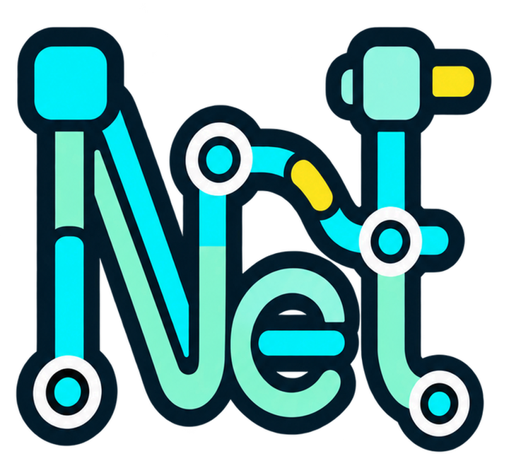 McpNet icon combining Net lettering, packet paths, and MCP connection nodes