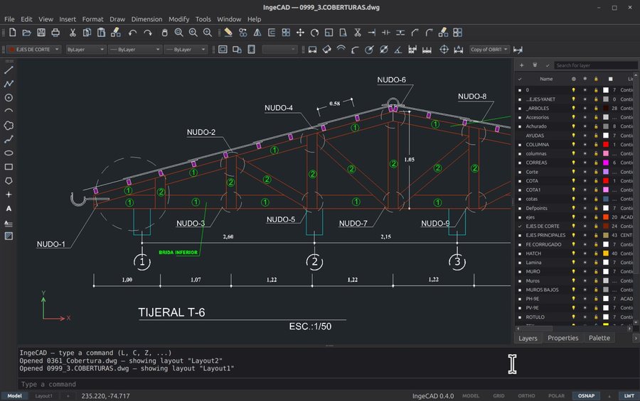IngeCAD: a roof truss drawn to scale with dimensions, layers and the command line