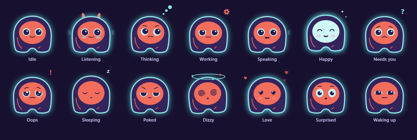Fourteen expressions: idle, listening, thinking, working, speaking, happy, needs you, oops, sleeping, poked, dizzy, love, surprised and waking up