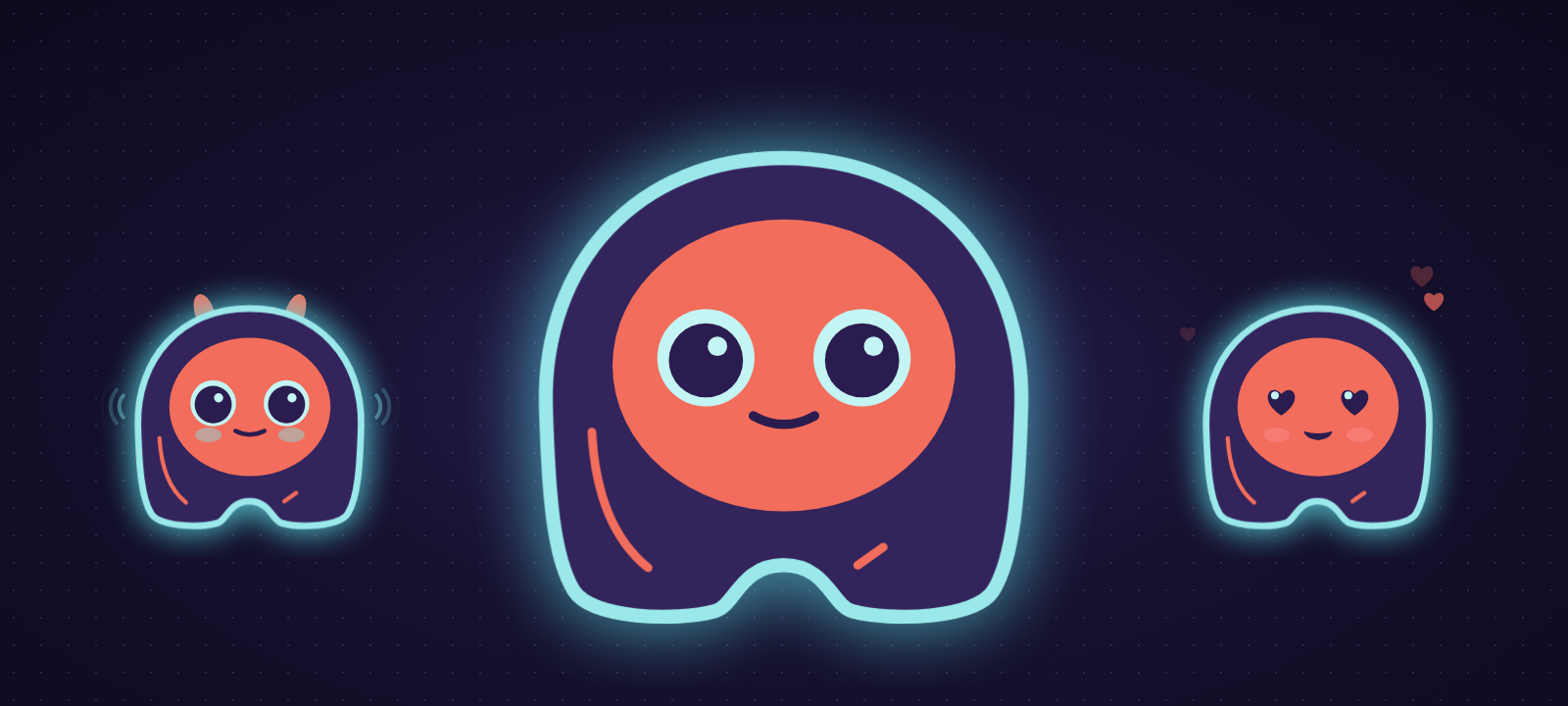 Elissa, a small indigo character with a coral face and big eyes, glowing on a dark desktop