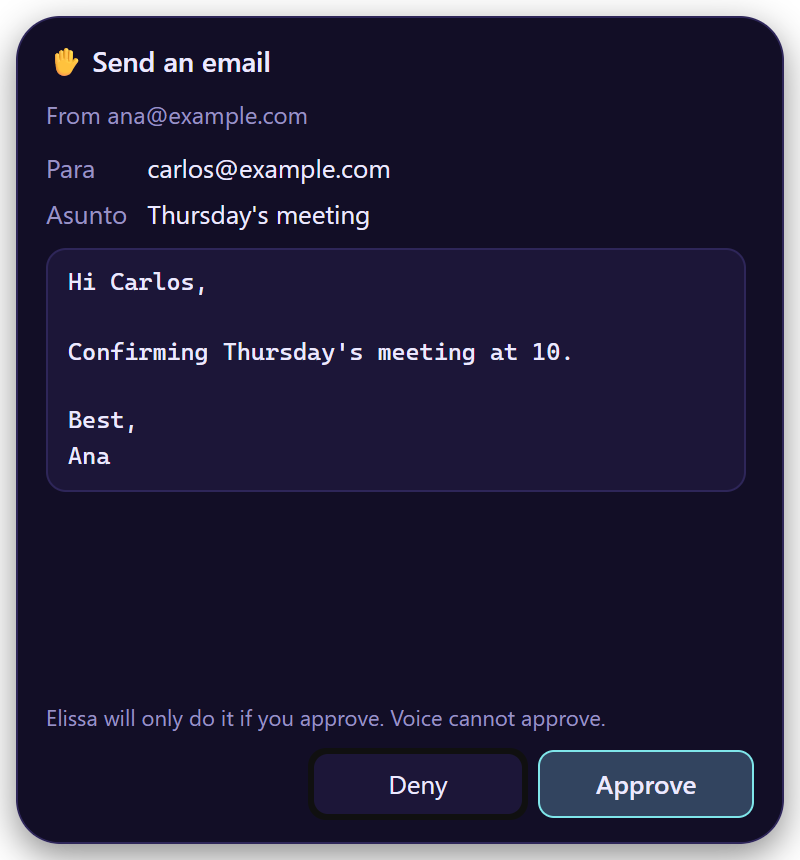 An approval card showing the full email Elissa wants to send, with Deny and Approve buttons