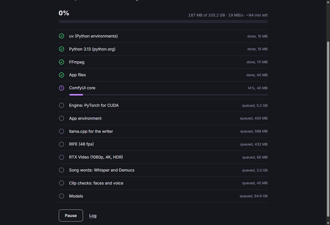 The installer: downloading the engine and the sets, with pause and resume