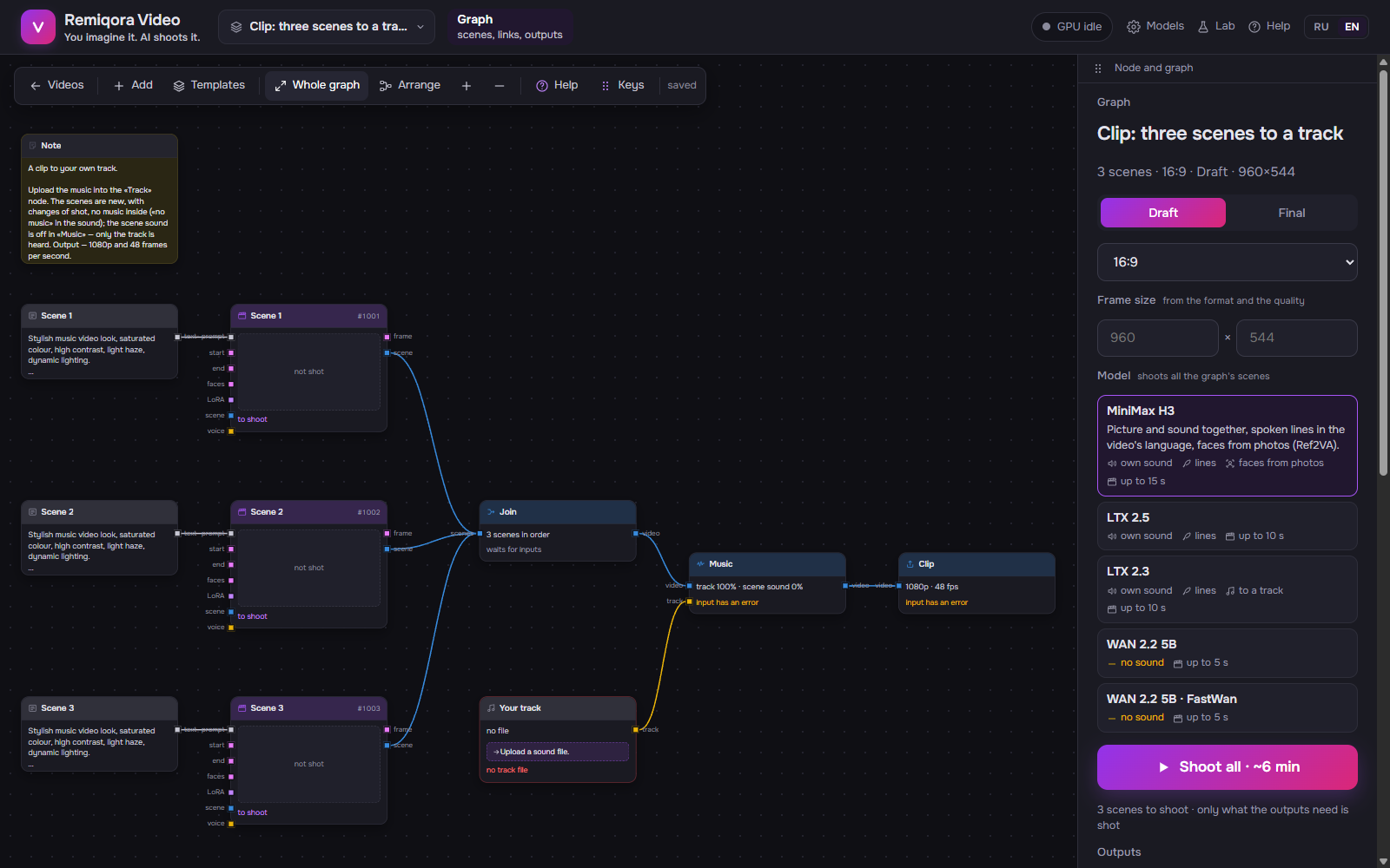 A clip to your own track: scenes, a join, the track and music before the output