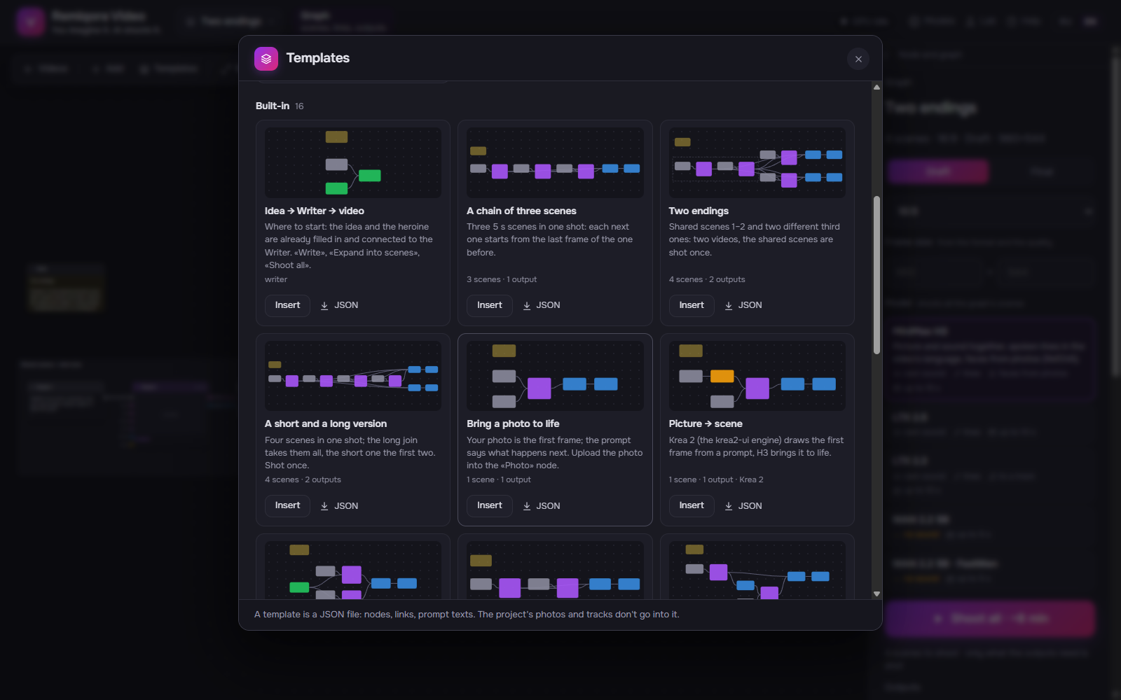 The templates dialog: 16 built-in and your own