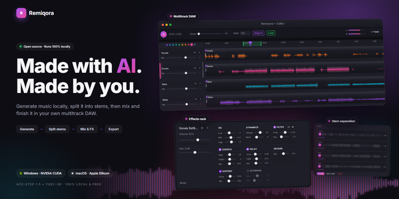 Remiqora: generate music locally, split it into stems, then mix and finish it in a multitrack DAW