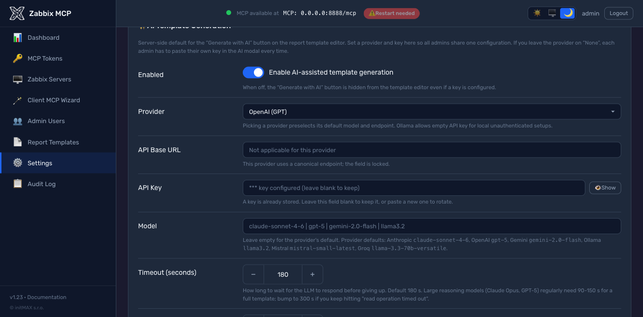 AI Template Generation settings section with provider + key + timeout