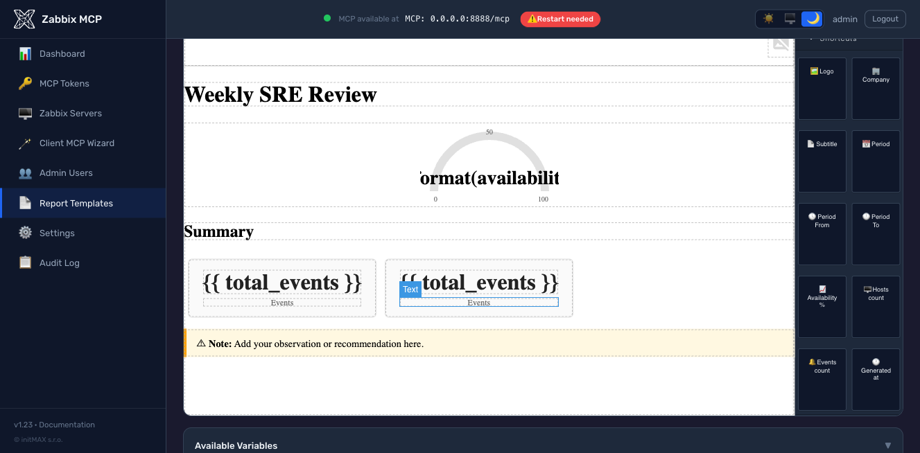 Visual template editor with Shortcuts widget category
