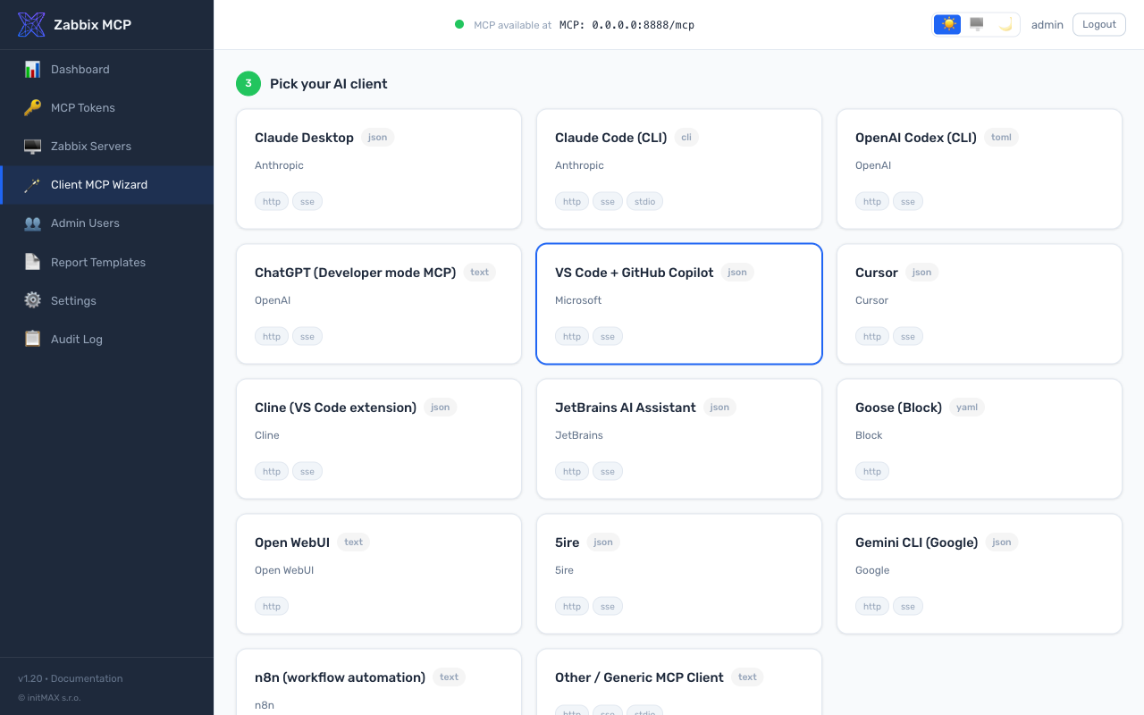 Client MCP Wizard (step 3 client picker) — Light