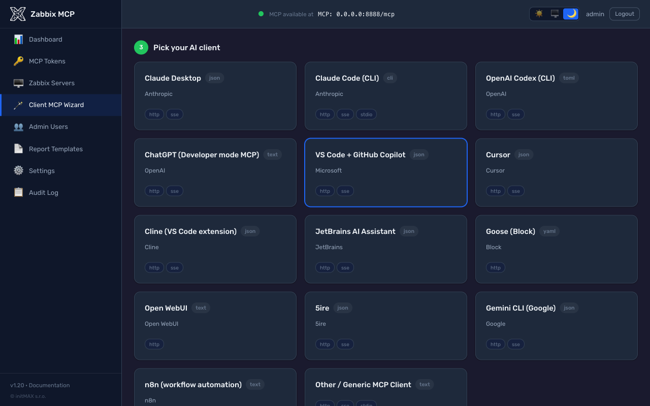 Client MCP Wizard (step 3 client picker) — Dark