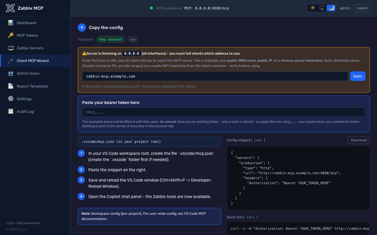 Client MCP Wizard (step 4 output) — Dark