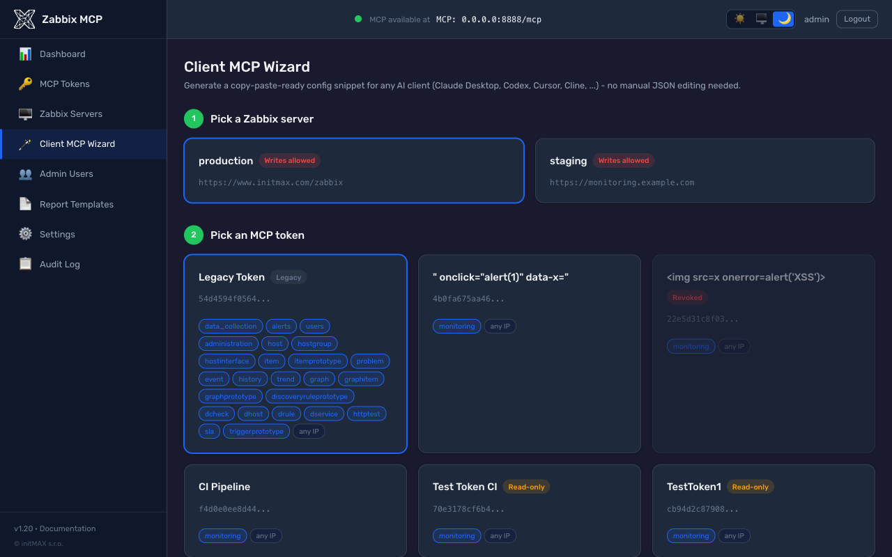 Client MCP Wizard (steps 1-2) — Dark