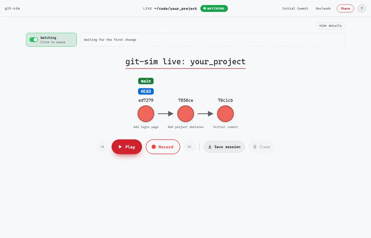 git-sim live following a repo as Git commands run