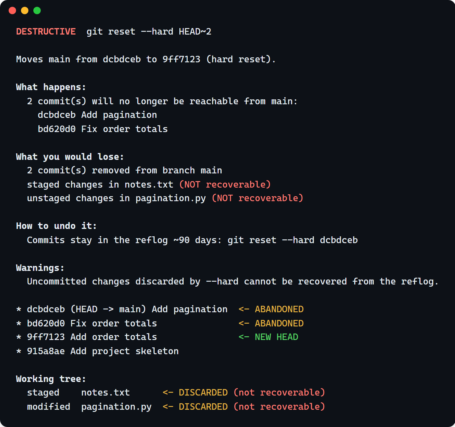 git-sim preflight reporting what a hard reset would lose