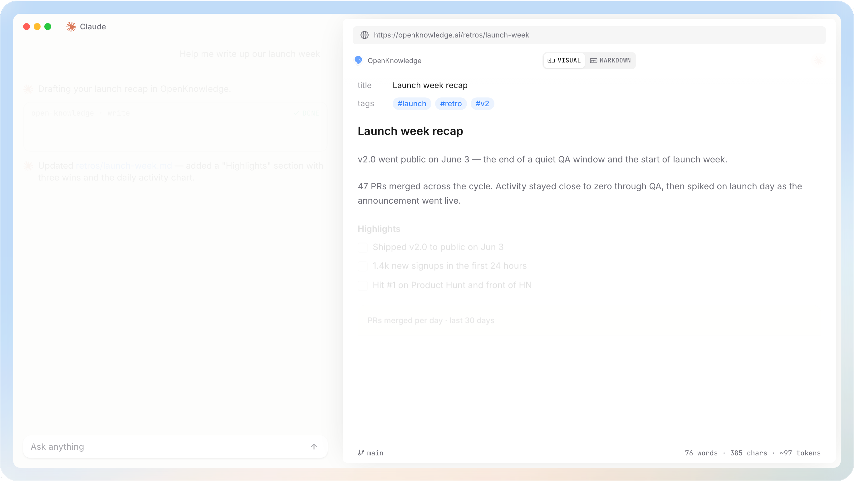 OpenKnowledge editor with an AI agent drafting a launch recap