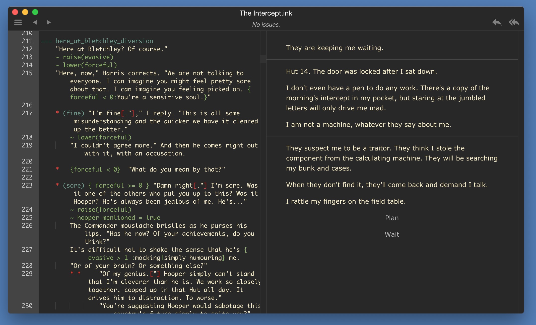 Inky narrative editor in dark mode