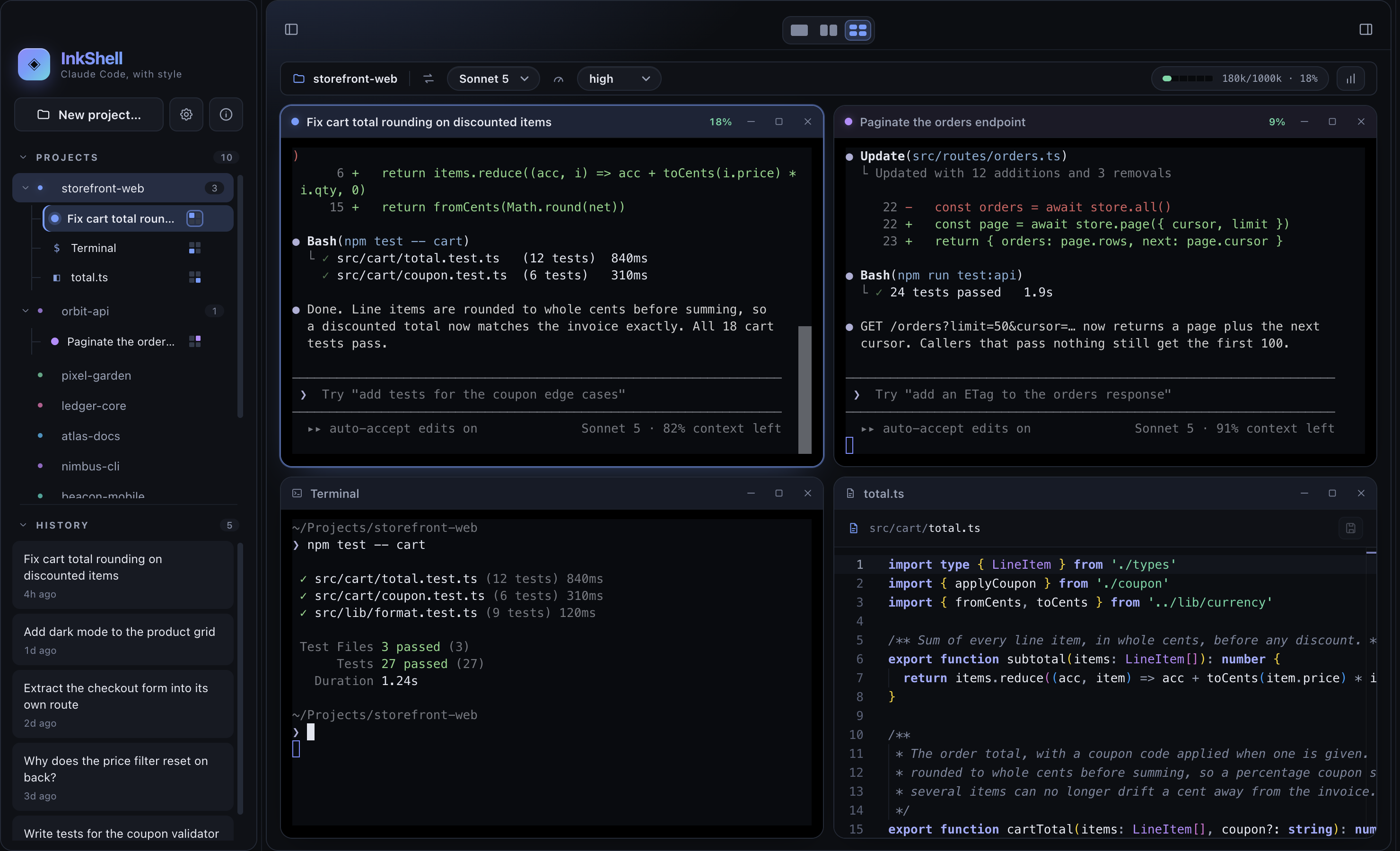 Four panes at once: two Claude Code chats from different projects, a terminal, and a file open in the editor