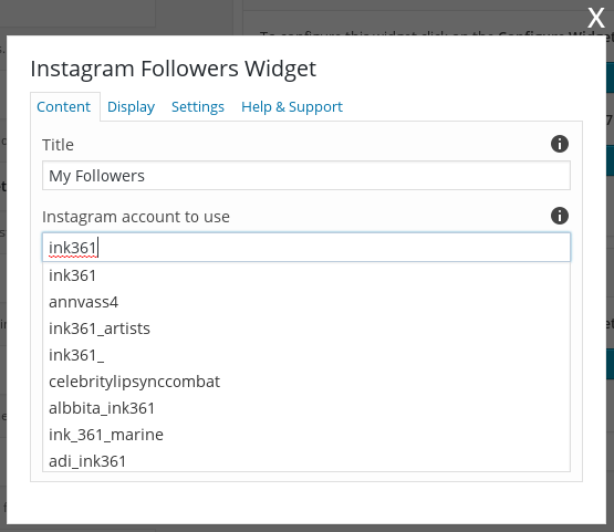 Configuration form -> searching for an Instagram user