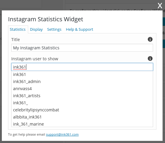 Configuration form -> searching for an Instagram user