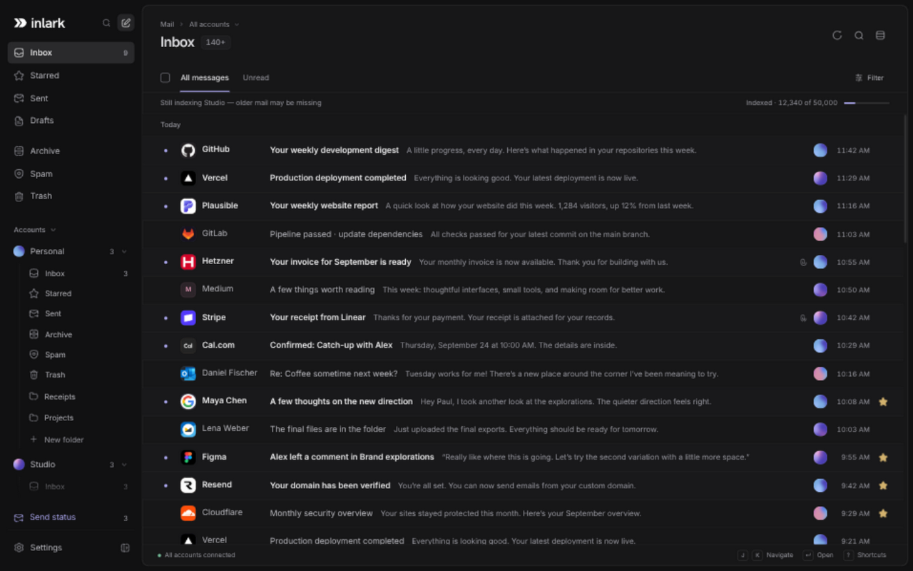 Inlark's unified inbox, showing conversations from several accounts in one list, each marked with its account colour.