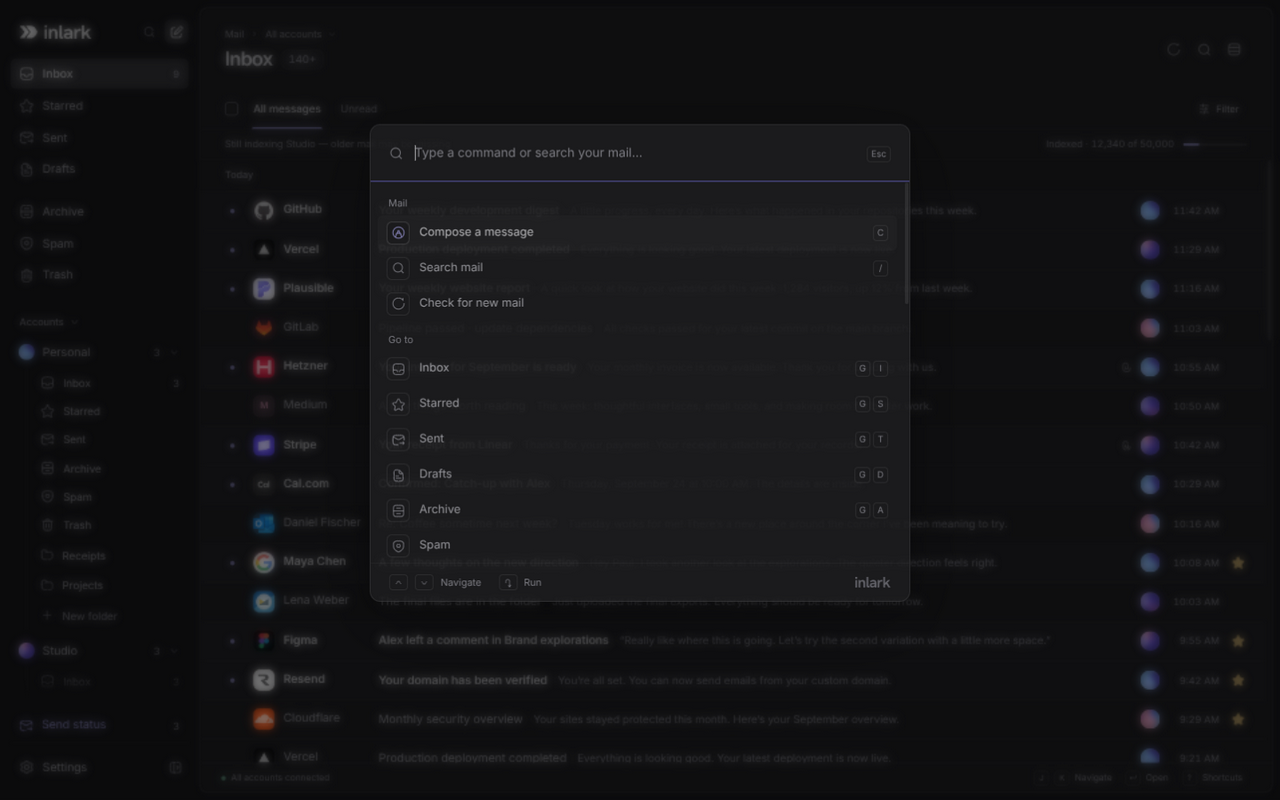 Inlark's command palette listing actions and folders, each with its keyboard shortcut.