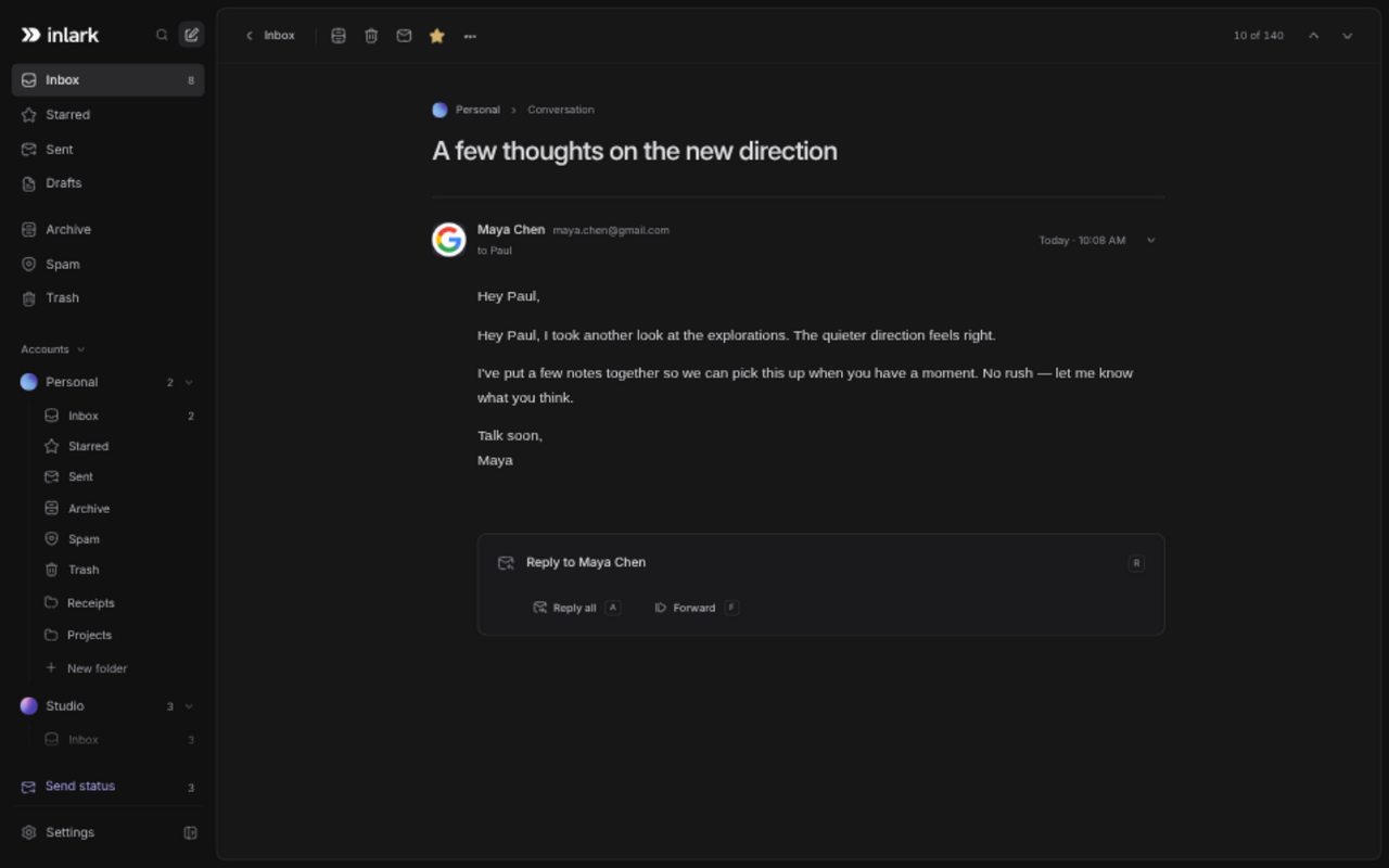 A conversation open in Inlark's reader, with reply, reply all and forward below the message.