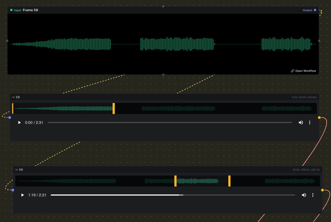 Trim Video/Audio node with in/out handles over a clip's waveform