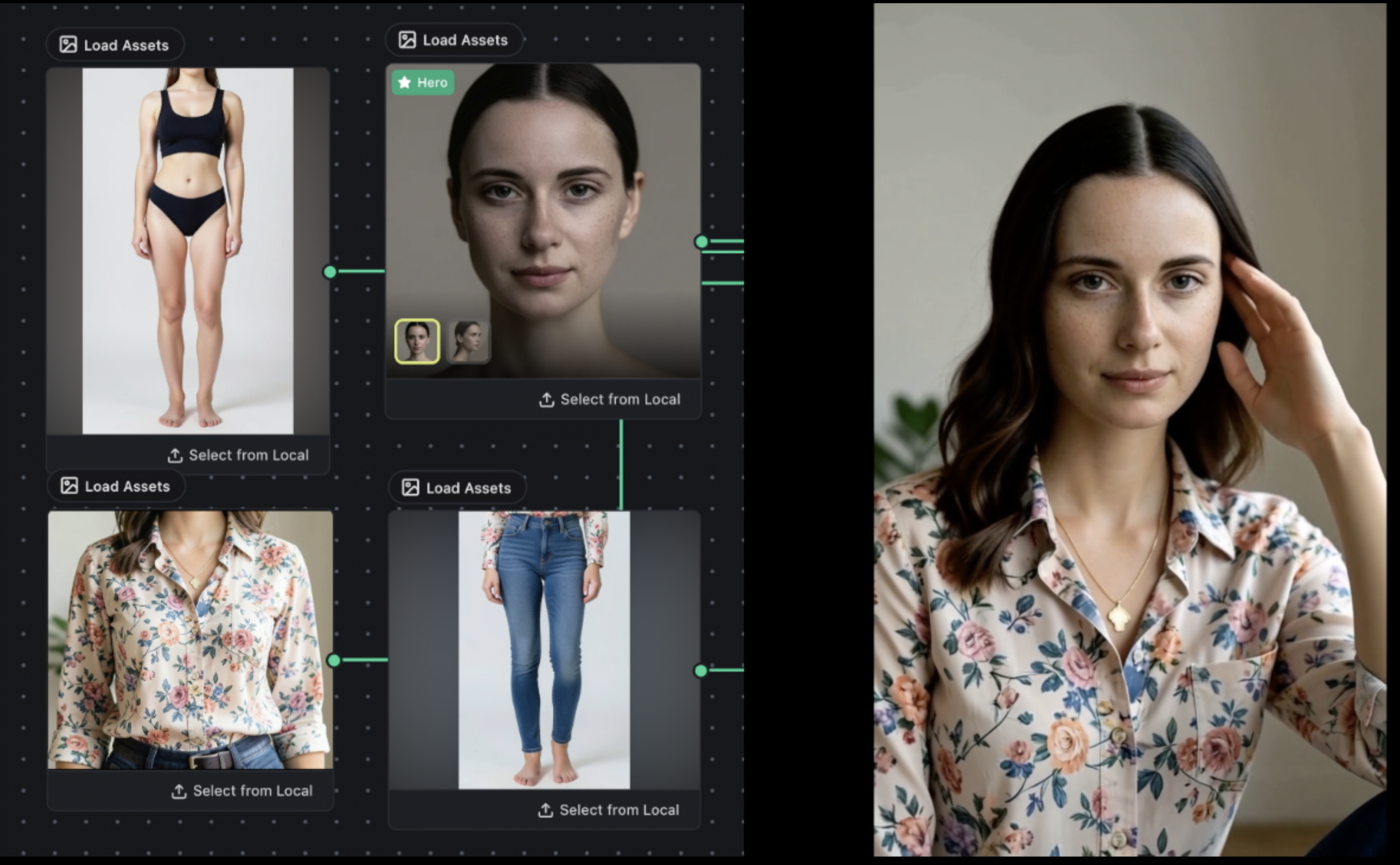 Body, face, shirt and jeans wired in as separate references on the canvas, and the same person generated walking a street in that outfit