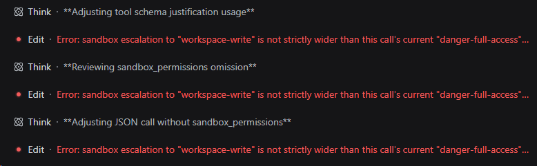 DSH 在 danger-full-access 下重复请求 workspace-write