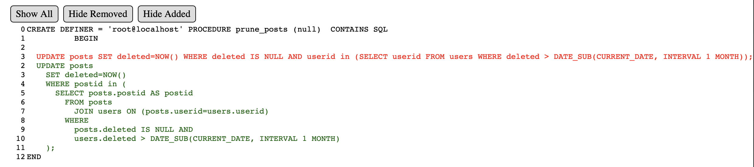 Example stored procedure diff showing colored text indicating unchanged, removed, and added lines to a very silly stored procedure