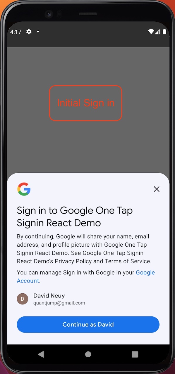 One tap signin screenshot initial sign-in