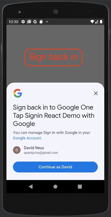 One tap signin screenshot sign back in